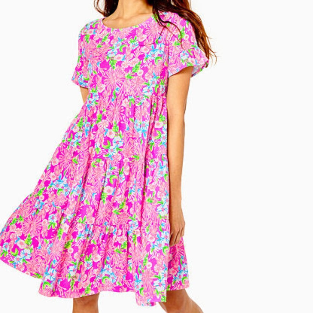 Lily Pulitzer Pink Floral Short Sleeve Swing Dress L